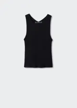 Top de punto fino con cuello redondo y diseño entallado. Presenta tirantes anchos y espalda abierta.