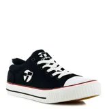 Championes de lona Topper modelo Wagon Tenis, color negro con puntera de goma blanca y cordones blancos. Presenta detalles de la marca en el lateral y la lengüeta.