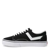 Championes urbanos de lona negra con diseño de caña baja, cordones blancos y suela de plataforma blanca con detalle de línea negra.