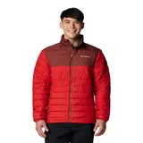 Campera acolchada de hombre con diseño bicolor en tonos rojo y bordó. Cuenta con cierre frontal completo, cuello alto con protección de barbilla, bolsillos laterales con cierre y puños elásticos. Presenta tecnología termorreflectante y aislamiento sintético para mayor retención de calor.