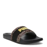 Sandalias tipo ojota Puma Leadcat 2.0 con banda superior acolchada en estampado animal print y detalle de logo Puma en color dorado.