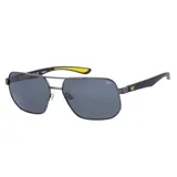 Lentes de sol tipo aviador de la marca Caterpillar, con marco de metal gris y lentes polarizados oscuros. Presentan patillas de doble inyección con detalles en amarillo y logo de la marca en el lente y en las patillas.
