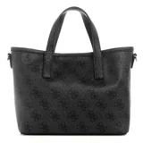 Set de cartera Guess modelo Latona II, compuesto por un bolso tipo tote pequeño, un sobre con cierre y un monedero pequeño. Todas las piezas presentan un diseño en color negro con estampado de monograma de la marca y detalles metálicos. Incluye una correa ancha ajustable con el logo de la marca tejido.