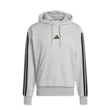 Canguro Adidas Essentials 3 de felpa francesa color gris, con capucha ajustable, bolsillo frontal tipo canguro y las icónicas tres tiras negras en las mangas. Presenta puños y cintura acanalados.