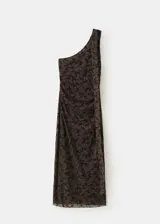 Vestido largo marrón con diseño asimétrico de un solo hombro, confeccionado en tela de terciopelo con estampado flocado de motivos florales y botánicos.