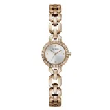 Reloj analógico Guess modelo Siren con caja y malla tipo brazalete de acero inoxidable en tono oro rosa. La esfera de 22 mm presenta un acabado sunray en color blanco con detalles de cristales incrustados en el bisel y el logo de la marca grabado.