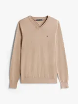 Sweater de punto Tommy Hilfiger con cuello en V, manga larga y puños y bajo acanalados. Presenta un diseño liso en color beige con el logo de la marca bordado en el pecho.