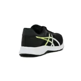 Championes Asics modelo Raiden 3, de color negro con detalles en blanco y verde lima, con suela blanca y capellada de malla transpirable.