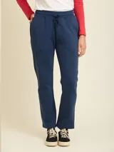 Pantalón tipo babucha de algodón y poliéster, color azul marino, con cintura elástica ajustable mediante cordón y corte recto.