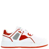 Championes urbanos N+ modelo Houl, de diseño deportivo con base blanca y detalles en rojo y gris. Presentan cierre mediante cordones y suela de goma roja.