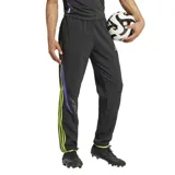 Pantalón deportivo Adidas F50 Woven, color gris oscuro con logo bordado en blanco, detalles en violeta y amarillo neón en los laterales y estampado F50 en la pierna izquierda.