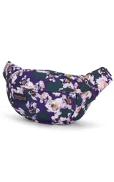 Riñonera negra de la marca JanSport, modelo Fifth Avenue, con parche frontal de la marca y cierres metálicos.