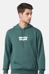 Buzo hoodie verde con logo Levi's estampado en el pecho y bolsillo tipo canguro.