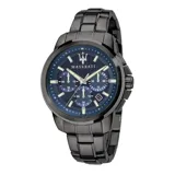 Reloj Maserati modelo R8873621005 de acero inoxidable en color negro, con esfera azul texturizada, función de cronógrafo y fechador.
