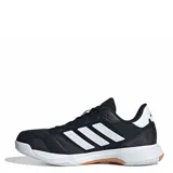Championes deportivos Adidas Ligra 8 para deportes de cancha cubierta, color negro con las tres tiras características en blanco. Presentan una estructura de malla y cuero sintético con puntera reforzada, mediasuela amortiguada y suela de goma diseñada para superficies indoor.