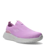 Championes Umbro de estilo slip-on, confeccionados en tejido de punto transpirable color lila. Presentan un diseño sin cordones con suela de goma blanca y logo de la marca aplicado en el lateral.
