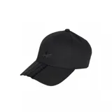 Gorra Adidas negra con logo bordado en el frente y tres tiras en la visera.