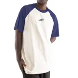 Remera blanca con mangas raglán azul marino y logo de Santa Cruz estampado en el pecho.