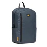 Mochila gris oscuro Caterpillar modelo Voyager Backpack, con patrón de rombos sutiles, bolsillo frontal con cierre vertical, bolsillos laterales y el logo de la marca en amarillo.