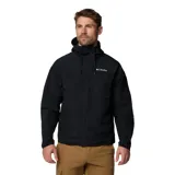 Campera cortavientos Columbia modelo Challenger II Omni-Shield, color negro, con capucha ajustable, cierre frontal y bolsillos con cremallera. Incluye el logo de la marca bordado en el pecho.