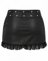 Minifalda negra de cuero sintético con diseño cruzado, tachas metálicas en la cintura y delicado detalle de encaje en el ruedo.