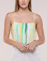 Top crop estilo pañuelo de escote recto y breteles finos regulables, confeccionado en rayón con estampado de rayas verticales en tonos verde, amarillo y blanco. Presenta ruedo asimétrico en punta y espalda descubierta con ajuste de lazo.