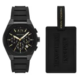 Reloj Armani Exchange modelo Sync con caja y malla de silicona negra. Esfera negra con marcadores e índices en tono dorado, función de cronógrafo y ventana de fecha.
