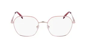 Anteojos de receta Longchamp con marco metálico en tono oro rosa y forma geométrica. Presenta patillas finas con terminales en color carey.