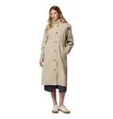 Impermeable gabardina de mujer Columbia modelo Amaze Trench Rain, en color beige claro, con capucha desmontable, cuello alto, cierre frontal con botones y puños ajustables con tiras y botones.