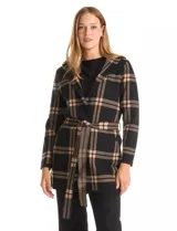 Cardigan de tejido de punto con diseño a cuadros, capucha integrada, mangas largas, bolsillos frontales y lazo ajustable en la cintura.