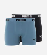 Pack de dos calzoncillos tipo bóxer Puma de microfibra, en colores negro y celeste, con cintura elástica personalizada con el logo de la marca y detalle del felino en la pierna.
