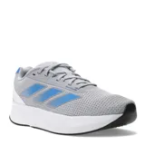 Championes de running Adidas modelo Duramo SL, color gris con detalles en azul brillante. Presentan una parte superior de malla transpirable, entresuela con tecnología de amortiguación LIGHTMOTION para mayor respuesta y suela de goma ADIWEAR de alta durabilidad.