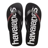 Sandalias tipo ojotas Havaianas modelo Top Logomania, color negro con estampado de la marca en blanco y detalles en rojo en las tiras.