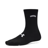 Pack de tres pares de medias Under Armour de caña media, color negro, con tejido acanalado y logo de la marca bordado en blanco en el empeine y la palabra 'UNDERDOGS' en la parte superior.