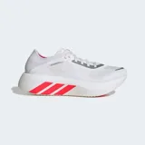Championes de running Adidas Hyperboost Run color blanco, con suela gruesa y detalles en rojo brillante en las tres tiras laterales.