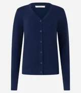 Cardigan de punto fino color gris, con escote en V, cierre frontal con botones y mangas largas. Confeccionado en una mezcla de viscosa y poliamida.