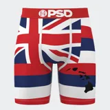 Calzoncillos bóxer de la marca PSD con diseño de la bandera de Hawaii y el logo de la marca en la cintura.