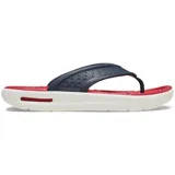 Ojotas Crocs InMotion Flip con diseño deportivo, tiras superiores de color azul marino con perforaciones, plantilla roja de espuma LiteRide y suela blanca con detalles en rojo.