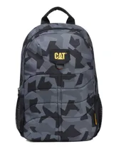Mochila Caterpillar modelo Benson Backpack, color gris y negro con estampado geométrico de camuflaje, compartimento principal con cierre de cremallera, bolsillo frontal, bolsillos laterales de red y asa superior.