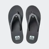 Sandalias Reef Fanning grises con detalles en azul.