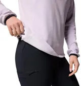 Buzo tipo polar de mujer con cierre de media cremallera, cuello alto y bolsillo frontal con cierre en el pecho. Presenta tecnología de absorción de humedad y ribetes en puños y cuello.