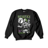 Buzo negro de cuello redondo y manga larga con estampa frontal temática de la película Beetlejuice en tonos verdes y blancos.