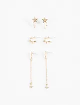 Set de tres pares de aros dorados con forma de estrella.