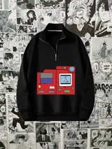 Buzo negro con cierre parcial y estampado frontal de una Pokedex roja.