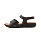 Sandalia casual de cuero negro para mujer, con tira frontal perforada y tira ajustable con velcro en el empeine. Cuenta con suela anatómica y plantilla acolchada en color tostado.