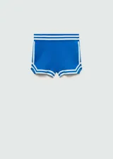 Short de punto fino color azul, de diseño recto y corto, con cintura elástica y detalles de rayas blancas en el borde inferior.