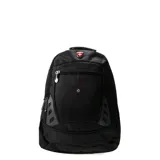 Mochila urbana de color negro con diseño ergonómico. Cuenta con múltiples compartimentos, bolsillos exteriores para acceso rápido y detalles en rojo. Incluye logo frontal con la bandera suiza.