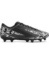 Championes de fútbol Under Armour Shadow Select 3 FG, con diseño estampado en blanco y negro. Presentan parte superior de piel sintética suave, plantilla de EVA para mayor comodidad y suela de TPU con tacos cónicos para tracción en superficies naturales firmes.