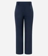 Pantalón de vestir azul marino, de corte recto y cintura alta, con frisos verticales y bolsillos falsos delanteros.