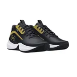 Championes de básquet Under Armour modelo Lockdown, color negro con detalles en dorado y suela blanca. Presentan el logo de la marca en el lateral y una estructura resistente para el juego.